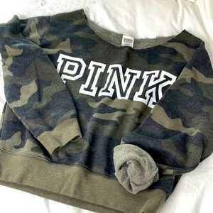 PINK Victoria Secret Cropped Fleece Sweater Sweatshirt Green Camo Size M